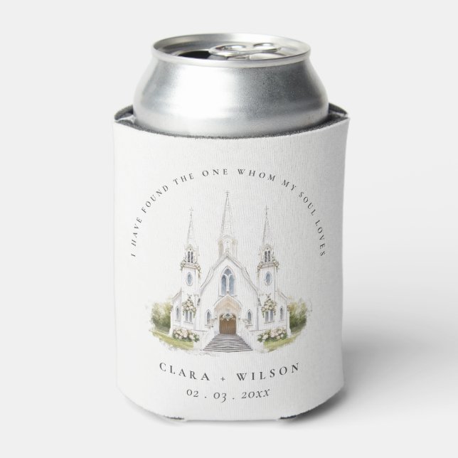 Elegant Simple Catholic Watercolor Church Wedding Can Cooler (Can Front)
