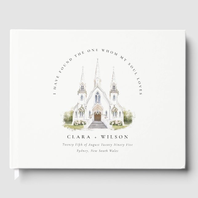 Elegant Simple Catholic Watercolor Church Wedding Guest Book (Front)