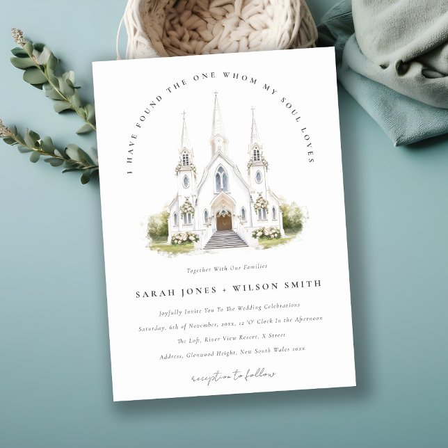 Elegant Simple Catholic Watercolor Church Wedding Invitation (Creator Uploaded)