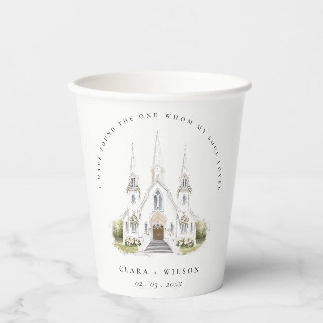 Elegant Simple Catholic Watercolor Church Wedding Paper Cups (Front)