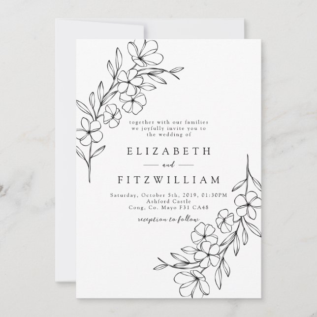 Elegant Simple Cherry Blossom Hand Drawn Wreath  Invitation (Front)