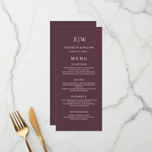 Elegant Simple Cherry Lacquer, Monogram Wedding Menu (Front/Back In Situ)