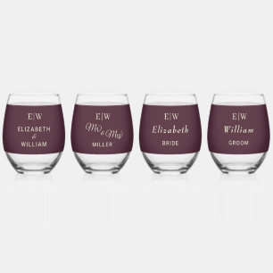 Elegant Simple Cherry Lacquer, Monogram Wedding Stemless Wine Glass