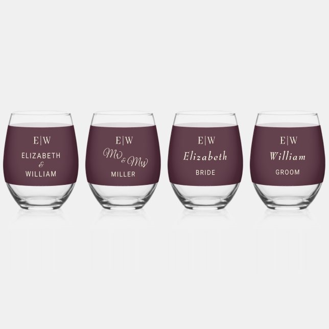 Elegant Simple Cherry Lacquer, Monogram Wedding Stemless Wine Glass (Front)