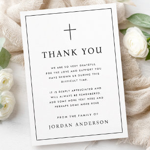 Elegant simple Christian cross funeral thin border Thank You Card
