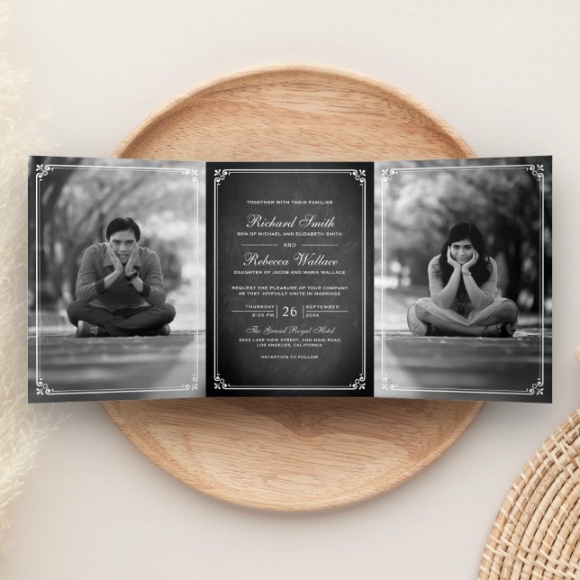 Elegant Simple Classic Chalkboard Photo Wedding Tri-Fold Invitation (Creator Uploaded)