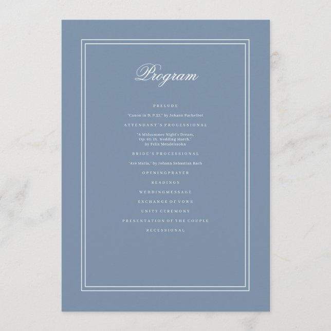 Elegant Simple Classic Faded Blue & White Wedding Programme (Front)