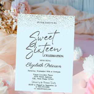 Elegant Simple Confetti Light Blue Sweet 16 Invitation