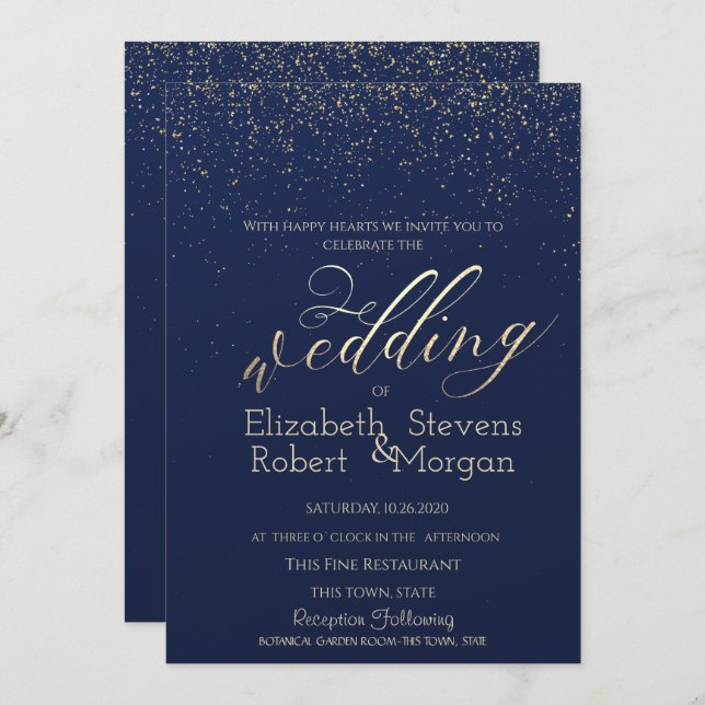Elegant Simple Confetti Navy Blue Wedding Invitation (Front/Back)
