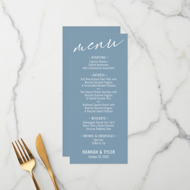 Elegant Simple Contemporary Typography Dusty Blue Menu (Front/Back In Situ)