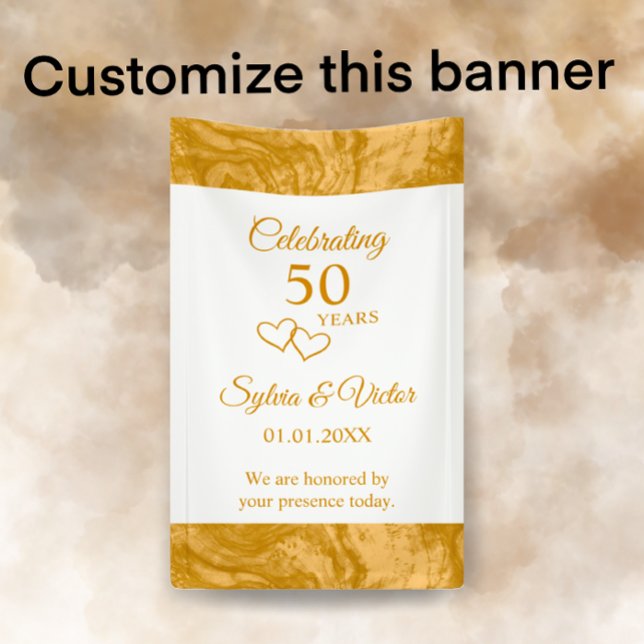 Elegant Simple Custom Gold 50th Anniversary Party Banner (Customize this simple elegant golden script 50th anniversary party banner with couple’s names.)