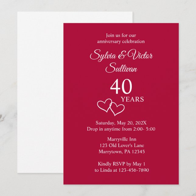 Elegant Simple Custom Ruby 40th Anniversary Party Invitation (Front/Back)