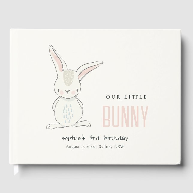 Elegant Simple Cute Bunny Pink Blush Kids Birthday Guest Book (Front)