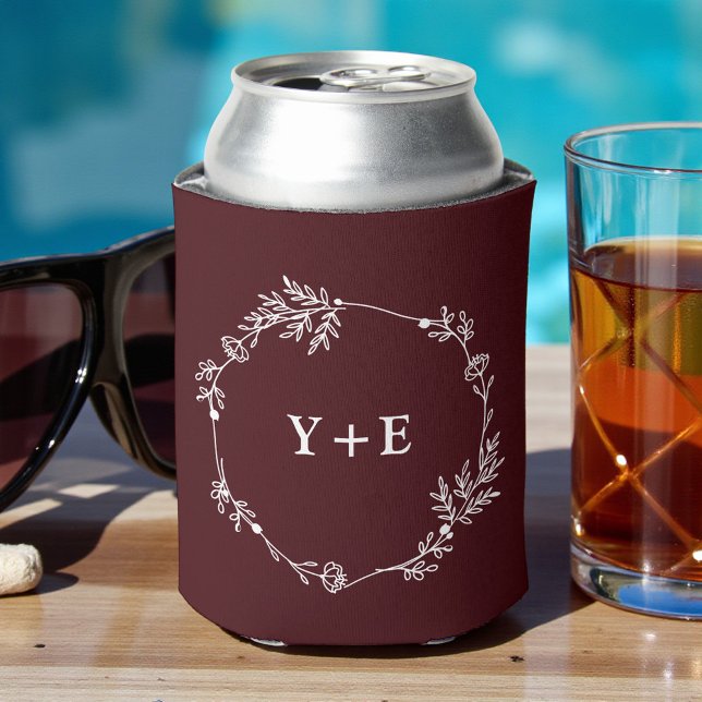 Elegant Simple Deep Burgundy Monogrammed Wedding Can Cooler (Creator Uploaded)