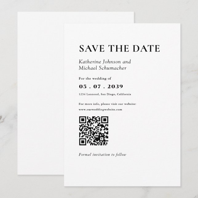 Elegant & Simple details & QR Code Wedding Save The Date (Front/Back)
