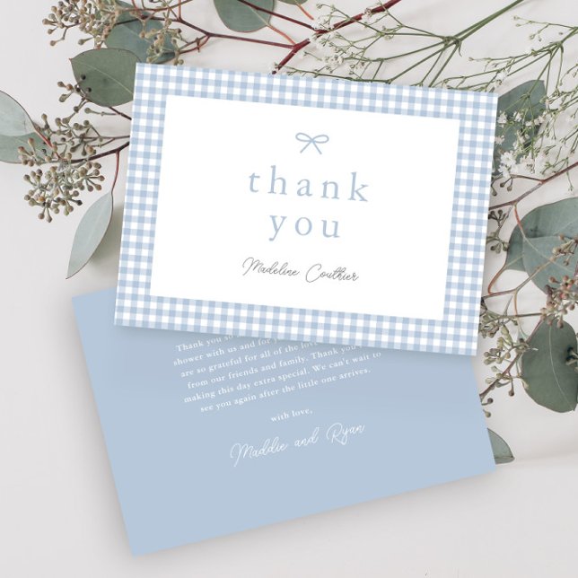 Elegant Simple Dusty Blue Boys Baby Shower Thank You Card (Dusty blue bow gingham boys baby shower thank you cards.)
