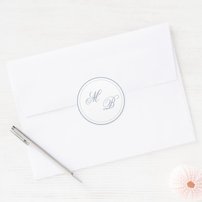 Elegant Simple Dusty Blue Circle Monogram Wedding Classic Round Sticker (Envelope)