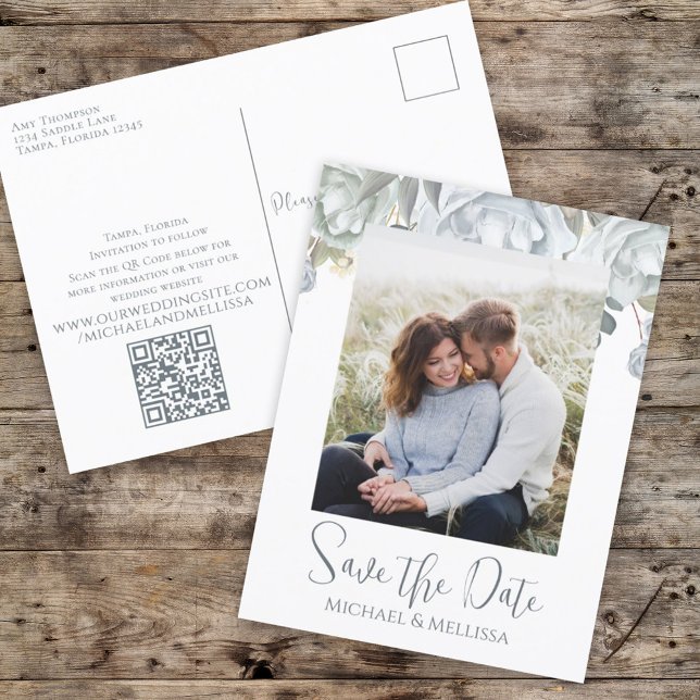 Elegant Simple Dusty Blue Floral Wedding QR Code Postcard (Creator Uploaded)