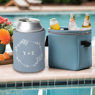 Elegant Simple Dusty Blue Monogrammed Wedding Can Cooler