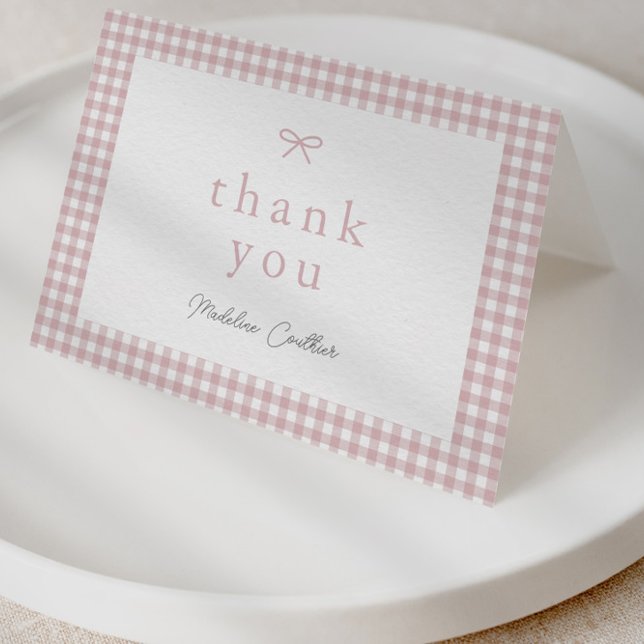 Elegant Simple Dusty Pink Girls Baby Shower Thank You Card (Dusty pink bow gingham girls baby shower thank you card.)