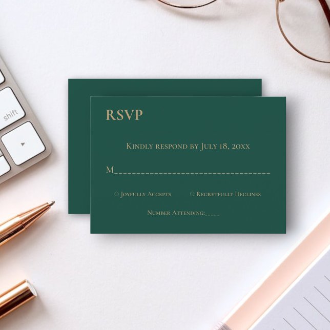 Elegant Simple Emerald Green Gold Monogram Wedding RSVP Card (Creator Uploaded)