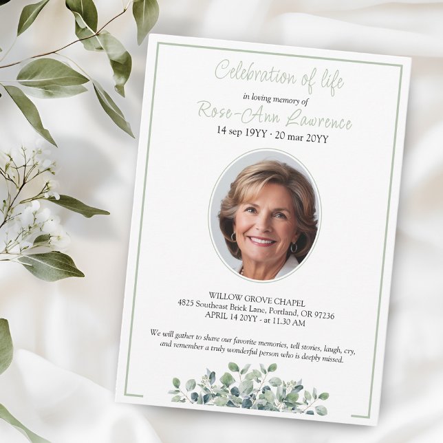 Elegant simple eucalyptus green photo funeral invitation (Creator Uploaded)