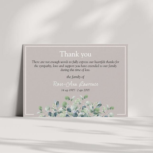 Elegant simple eucalyptus green sympathy funeral thank you card (Creator Uploaded)