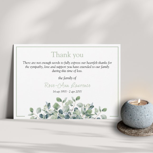 Elegant simple eucalyptus green sympathy funeral thank you card (Funeral thank you card from family with floral botanical details and color frame, eucalyptus)