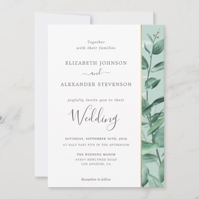 Elegant simple eucalyptus greenery modern wedding  invitation (Front)