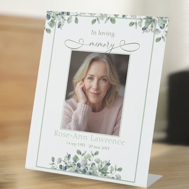 Elegant Simple Eucalyptus Photo In loving memory Pedestal Sign (Creator Uploaded)