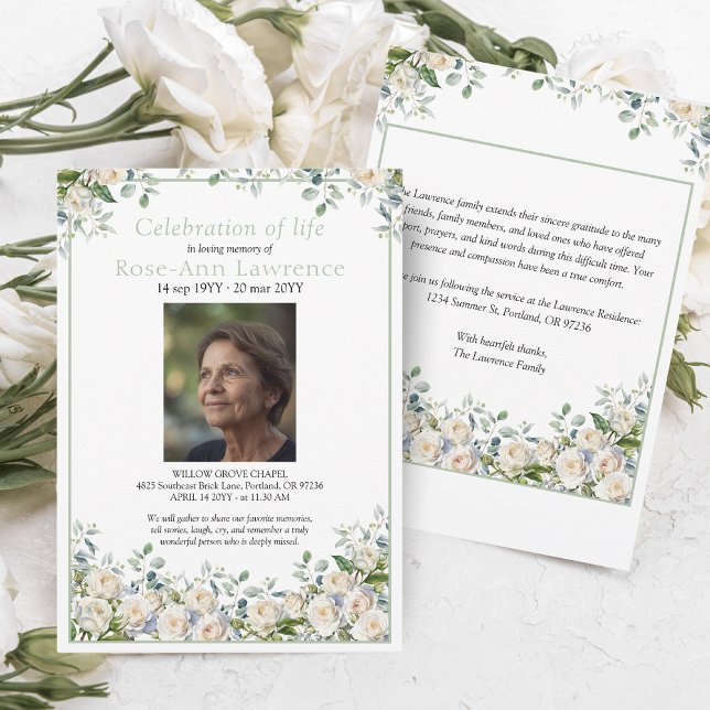 Elegant Simple Eucalyptus White Rose Photo Funeral Invitation (Creator Uploaded)