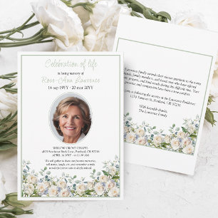 Elegant Simple Eucalyptus White Rose Photo Funeral Invitation