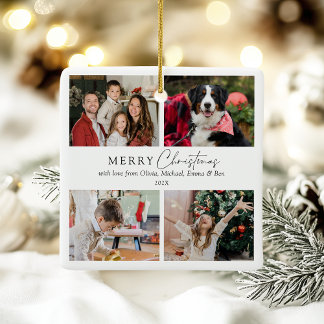 Elegant Simple Family 4 Photo Collage Christmas Ceramic Ornament