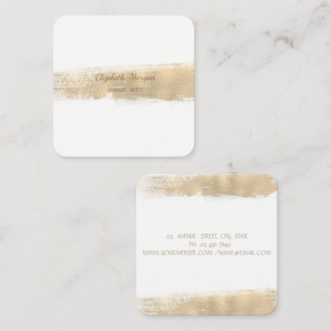 Elegant Simple Faux Gold Foil Brush Stroke,White Square Business Card (Front/Back)