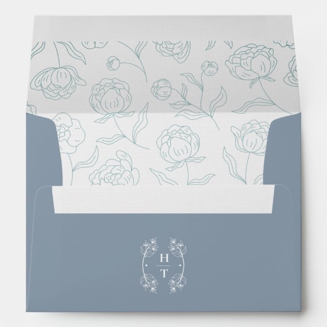 Elegant Simple Floral Dusty Blue Wedding Monogram Envelope (Back (Bottom))