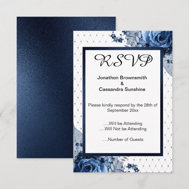 ELEGANT SIMPLE FLORAL NAVY  PATTERN RSVP INVITATION (Front/Back)