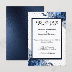 ELEGANT SIMPLE FLORAL NAVY  PATTERN RSVP INVITATION