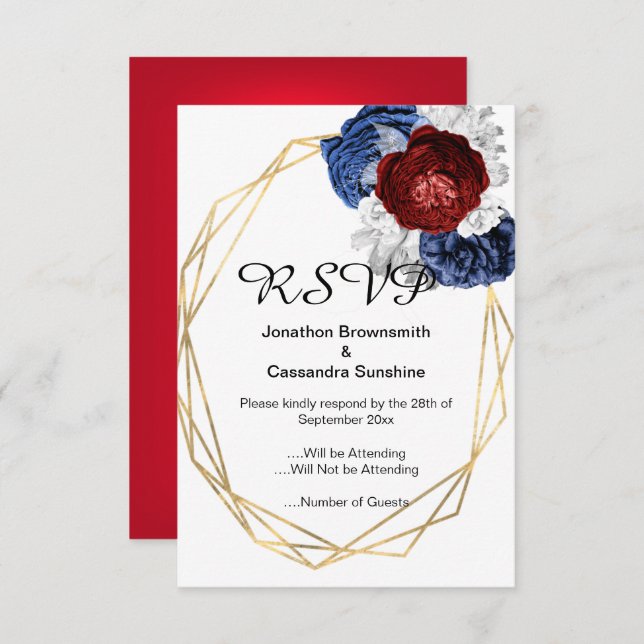 ELEGANT SIMPLE FLORAL NAVY RED RSVP INVITATION (Front/Back)