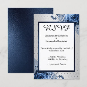 ELEGANT SIMPLE FLORAL NAVY SILVER RSVP INVITATION