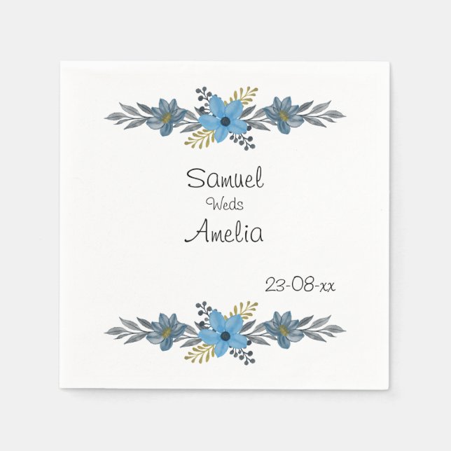 Elegant Simple floral Personalised Name Date Paper Napkin (Front)