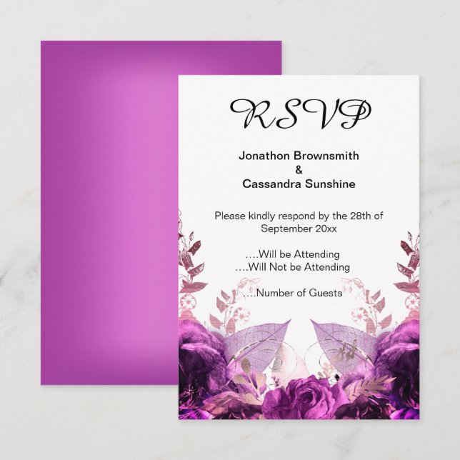ELEGANT SIMPLE FLORAL PURPLE METALLIC RSVP INVITATION (Front/Back)