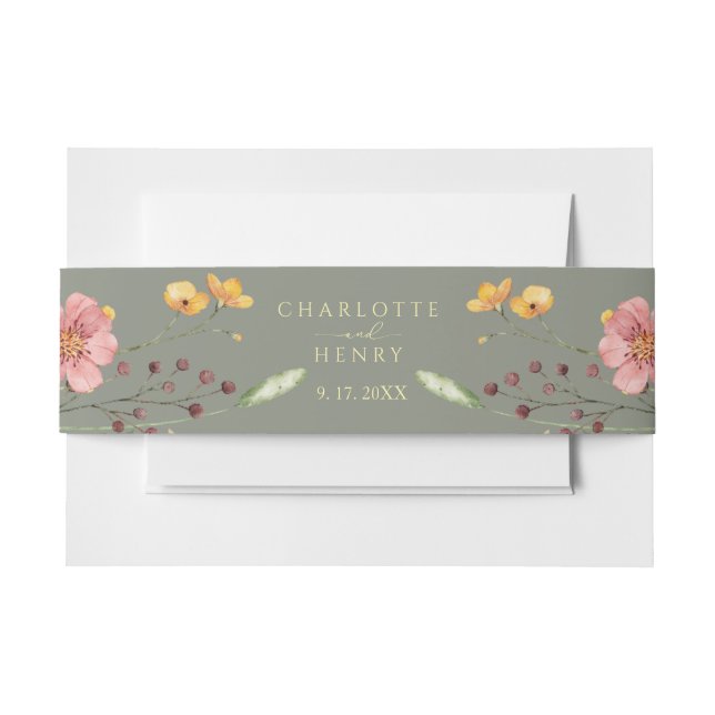 Elegant Simple Floral Wildflowers Sage Wedding  Invitation Belly Band