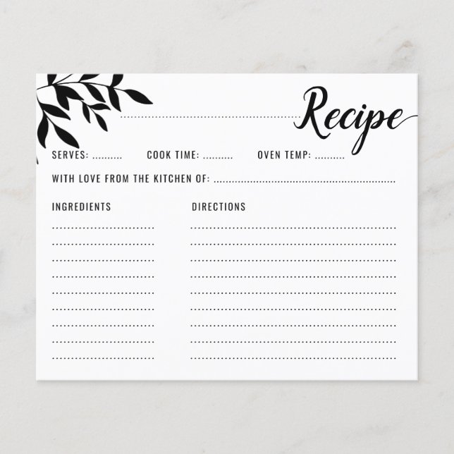Elegant Simple Foliage Bridal Shower Recipe Card (Front)
