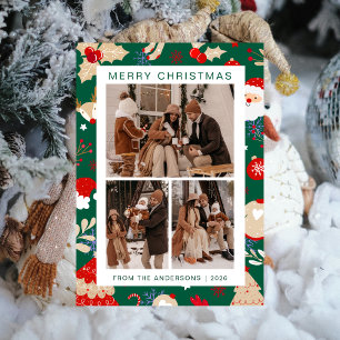 Elegant Simple Frame Christmas Family 3 Photo Holiday Card