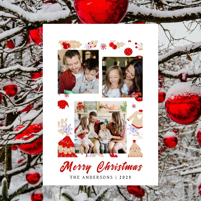 Elegant Simple Frame Christmas Family 3 Photo Holiday Card (Creator Uploaded)