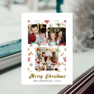 Elegant Simple Frame Christmas Family 3 Photo Holiday Card