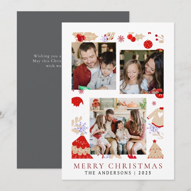 Elegant Simple Frame Christmas Family 3 Photo Holiday Card (Front/Back)