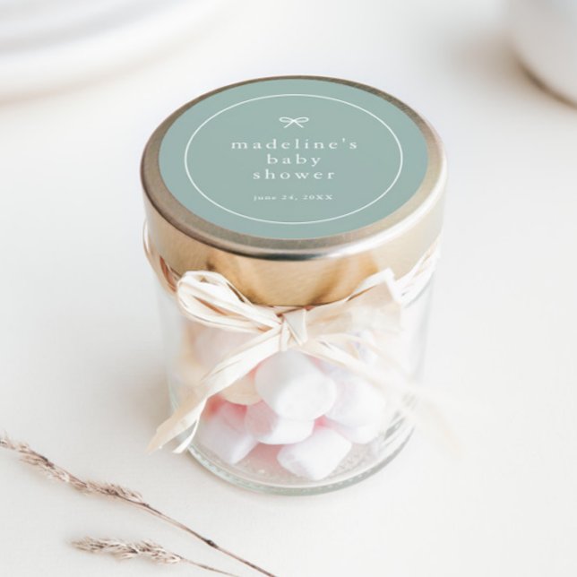 Elegant Simple Gender Neutral Baby Shower Classic Round Sticker (Simple bow sage green gender neutral baby shower favor and/or envelope stickers.)