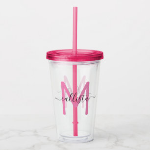 Elegant Simple Girly Pink Black Monogram Acrylic Tumbler