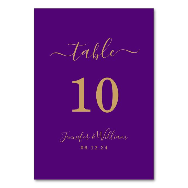 Elegant Simple Glam Script Wedding Gold Purple  Table Number (Front)